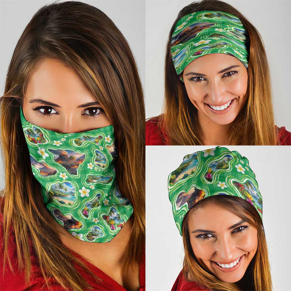 Hawaii Map with Plumeria Flower and Palaka Pattern Neck Gaiter Tropical Island Green Design