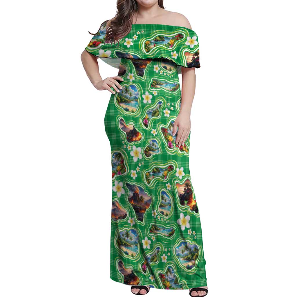 Hawaii Map with Plumeria Flower and Palaka Pattern Off Shoulder Maxi Dress Tropical Island Green Design