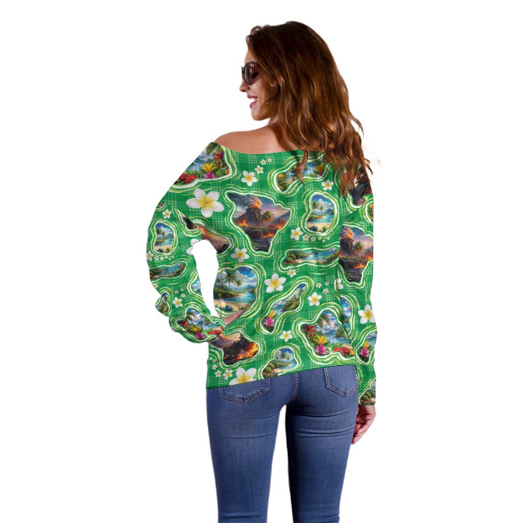 Hawaii Map with Plumeria Flower and Palaka Pattern Off Shoulder Sweater Tropical Island Green Design
