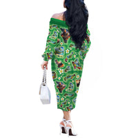 Hawaii Map with Plumeria Flower and Palaka Pattern Off The Shoulder Long Sleeve Dress Tropical Island Green Design