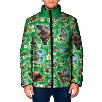 Hawaii Map with Plumeria Flower and Palaka Pattern Padded Jacket Tropical Island Green Design
