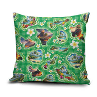 Hawaii Map with Plumeria Flower and Palaka Pattern Pillow Cover Tropical Island Green Design