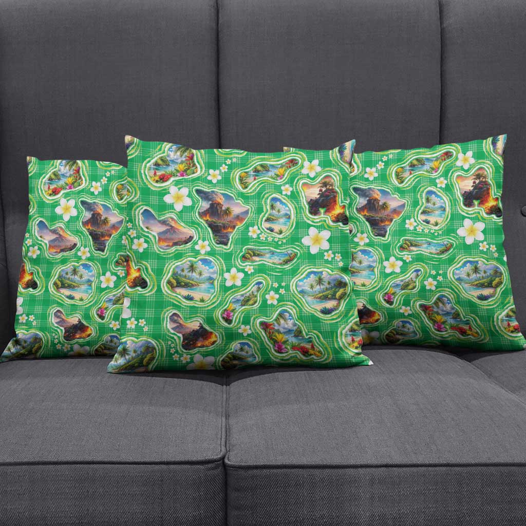 Hawaii Map with Plumeria Flower and Palaka Pattern Pillow Cover Tropical Island Green Design