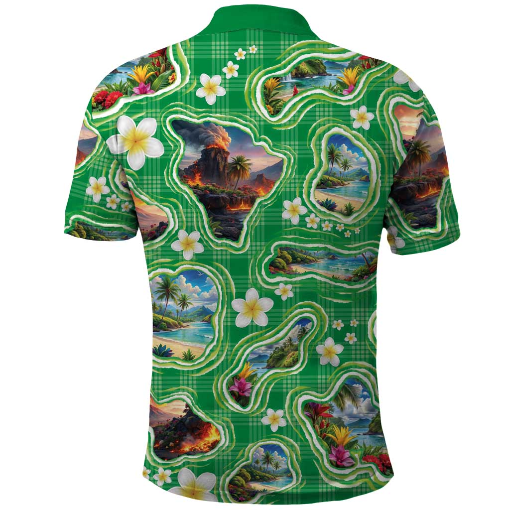 Hawaii Map with Plumeria Flower and Palaka Pattern Polo Shirt Tropical Island Green Design