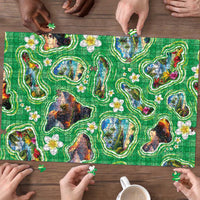 Hawaii Map with Plumeria Flower and Palaka Pattern Puzzle Tropical Island Green Design