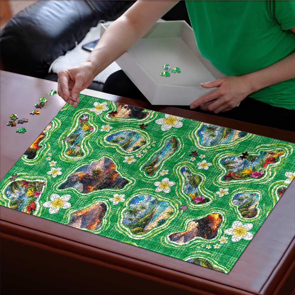 Hawaii Map with Plumeria Flower and Palaka Pattern Puzzle Tropical Island Green Design
