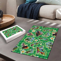 Hawaii Map with Plumeria Flower and Palaka Pattern Puzzle Tropical Island Green Design