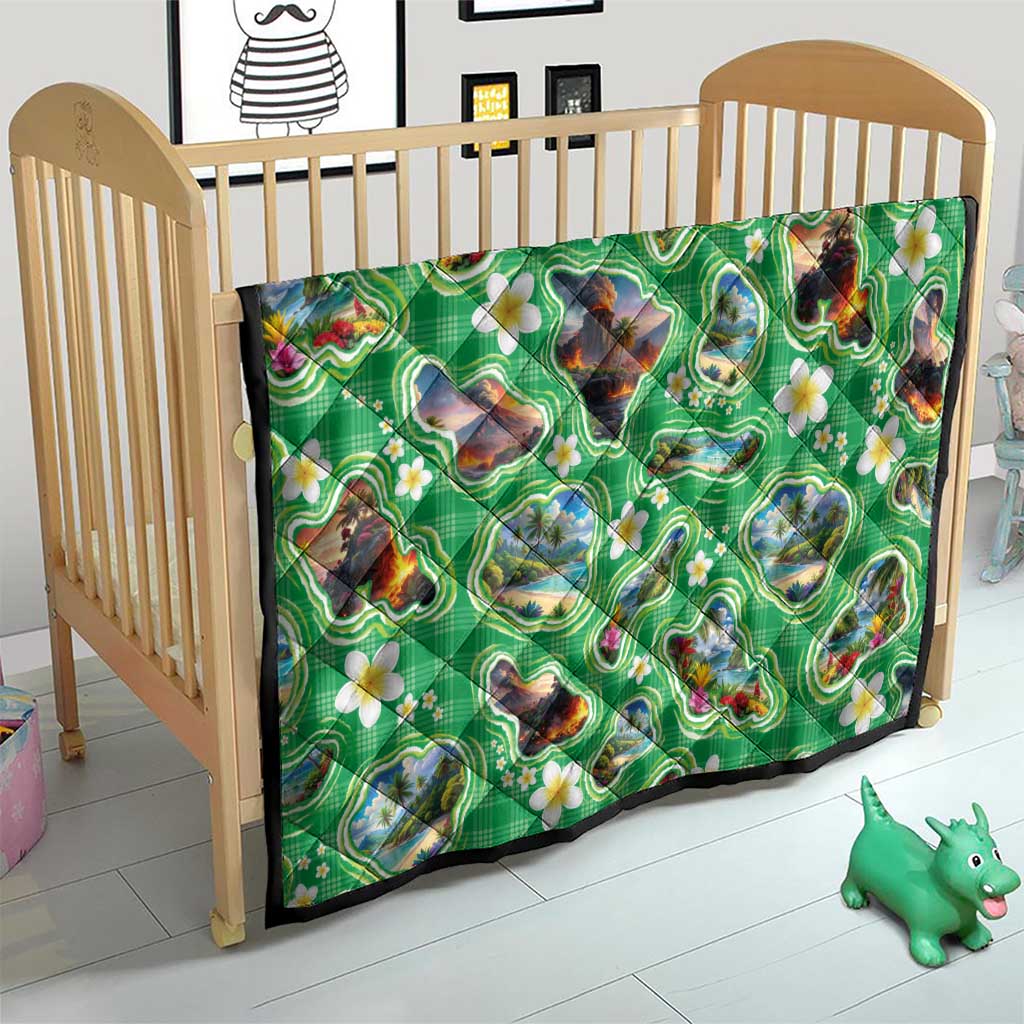 Hawaii Map with Plumeria Flower and Palaka Pattern Quilt Tropical Island Green Design
