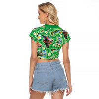 Hawaii Map with Plumeria Flower and Palaka Pattern Raglan Cropped T Shirt Tropical Island Green Design