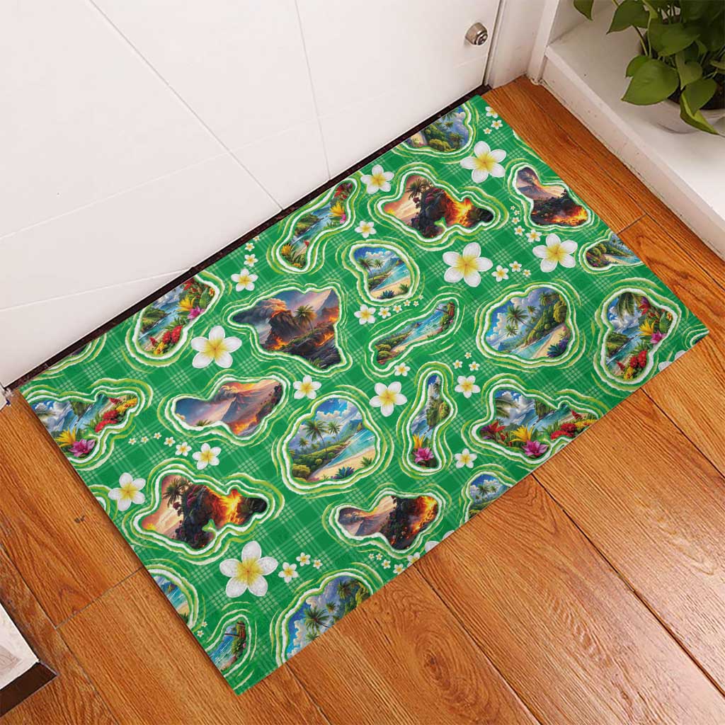 Hawaii Map with Plumeria Flower and Palaka Pattern Rubber Doormat Tropical Island Green Design