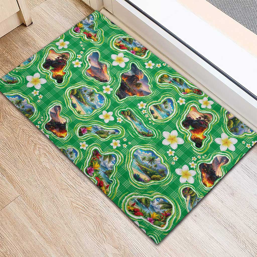 Hawaii Map with Plumeria Flower and Palaka Pattern Rubber Doormat Tropical Island Green Design