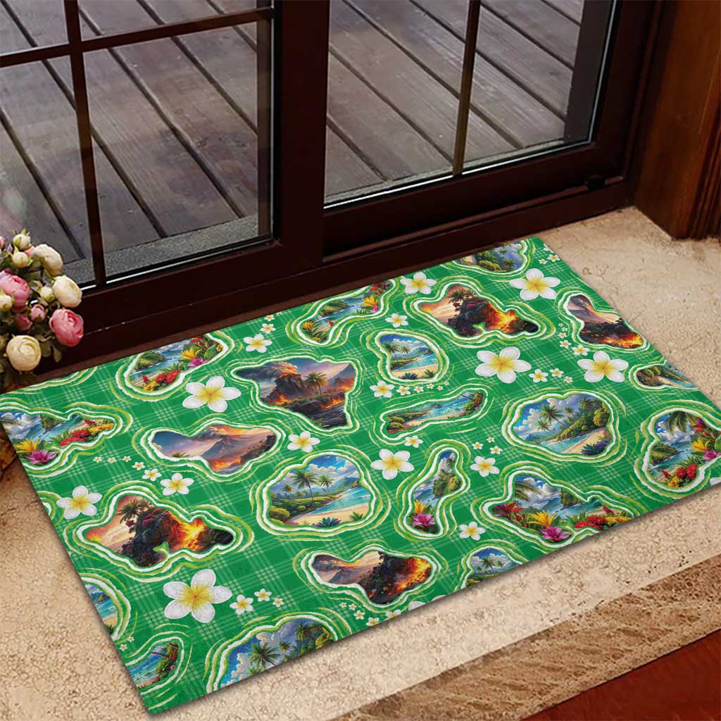 Hawaii Map with Plumeria Flower and Palaka Pattern Rubber Doormat Tropical Island Green Design