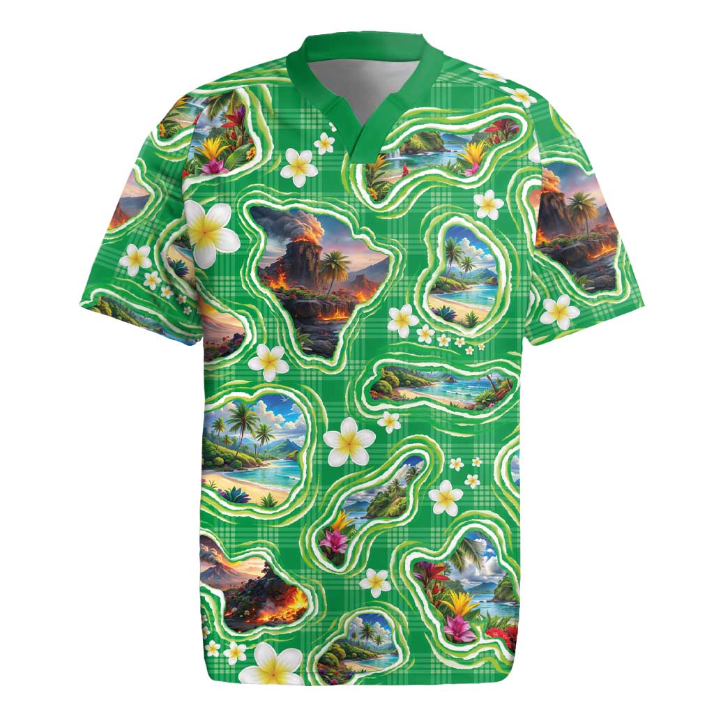 Hawaii Map with Plumeria Flower and Palaka Pattern Rugby Jersey Tropical Island Green Design
