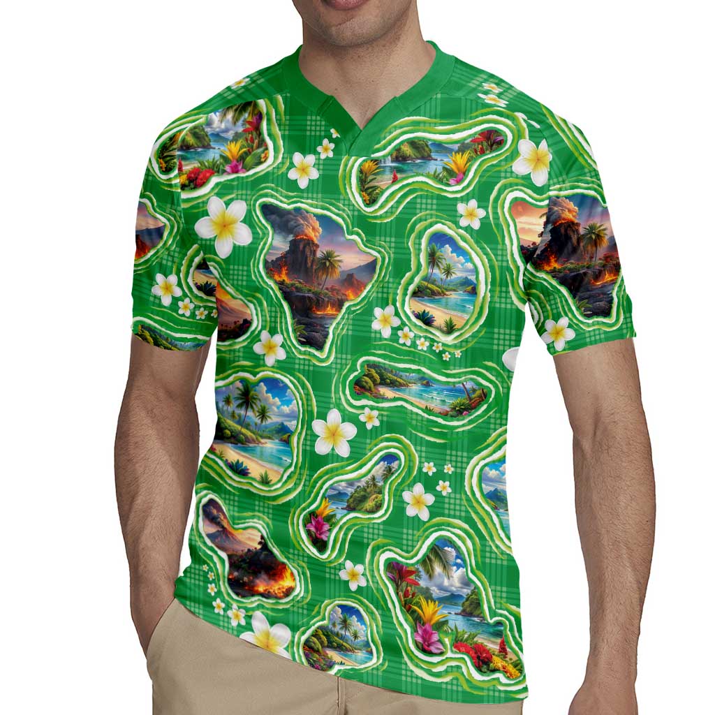 Hawaii Map with Plumeria Flower and Palaka Pattern Rugby Jersey Tropical Island Green Design