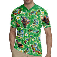 Hawaii Map with Plumeria Flower and Palaka Pattern Rugby Jersey Tropical Island Green Design