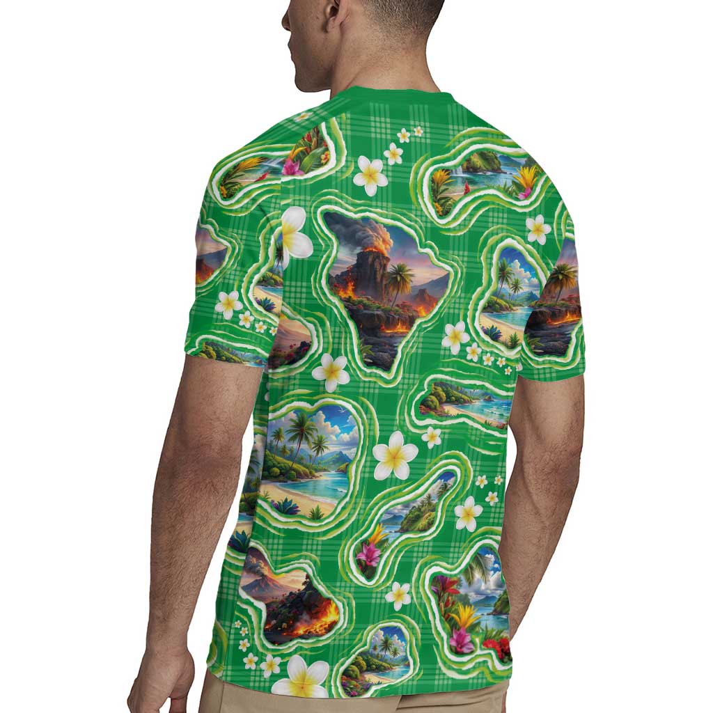 Hawaii Map with Plumeria Flower and Palaka Pattern Rugby Jersey Tropical Island Green Design