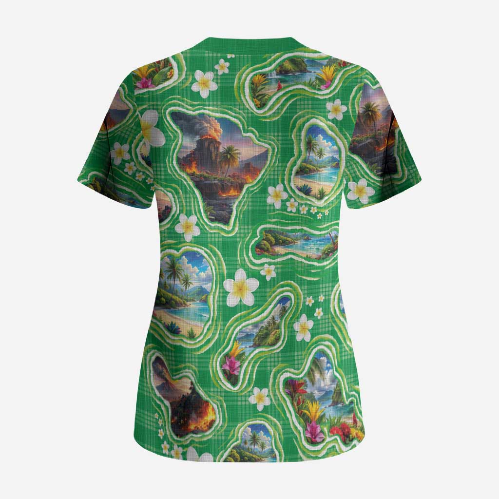 Hawaii Map with Plumeria Flower and Palaka Pattern Scrub Top Tropical Island Green Design