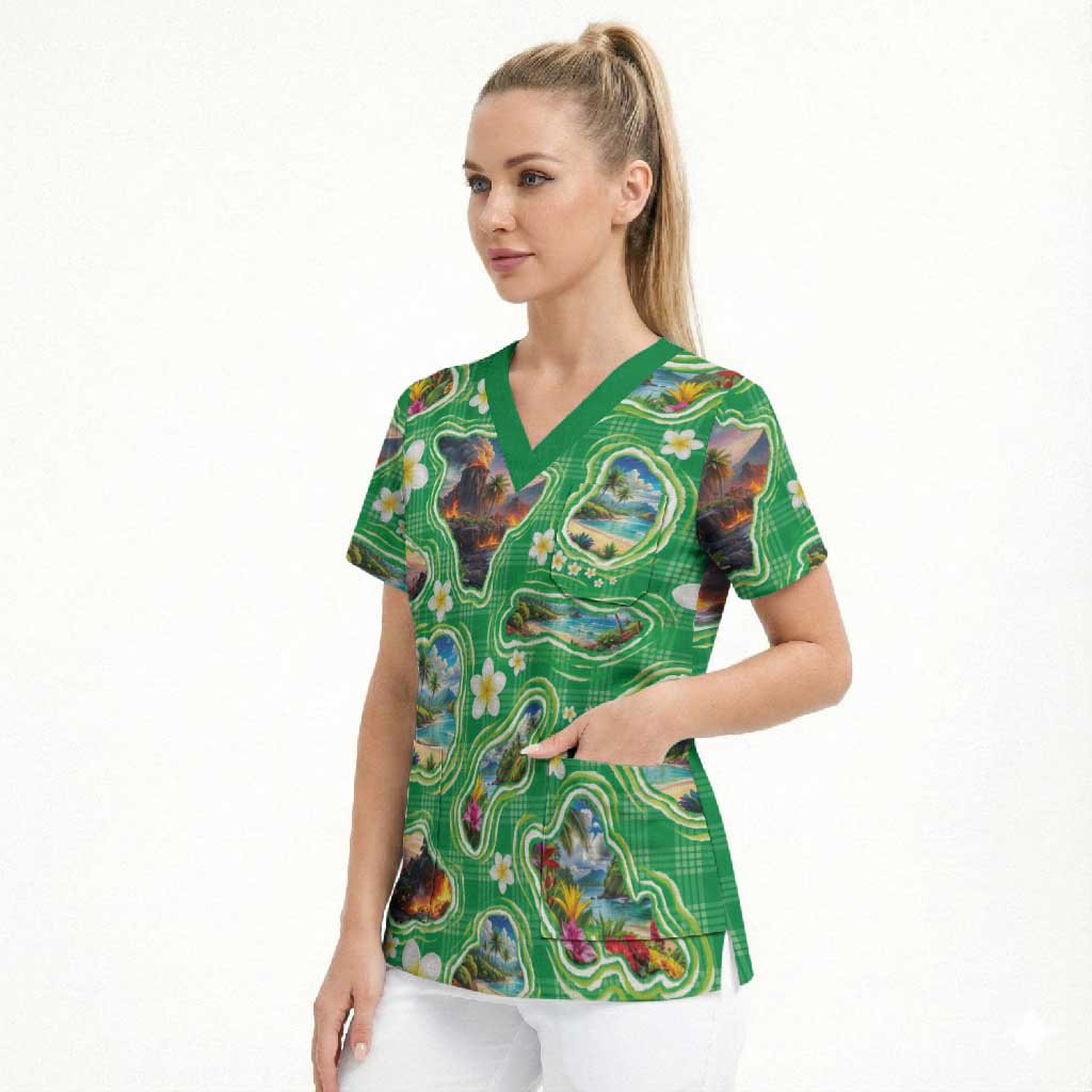 Hawaii Map with Plumeria Flower and Palaka Pattern Scrub Top Tropical Island Green Design
