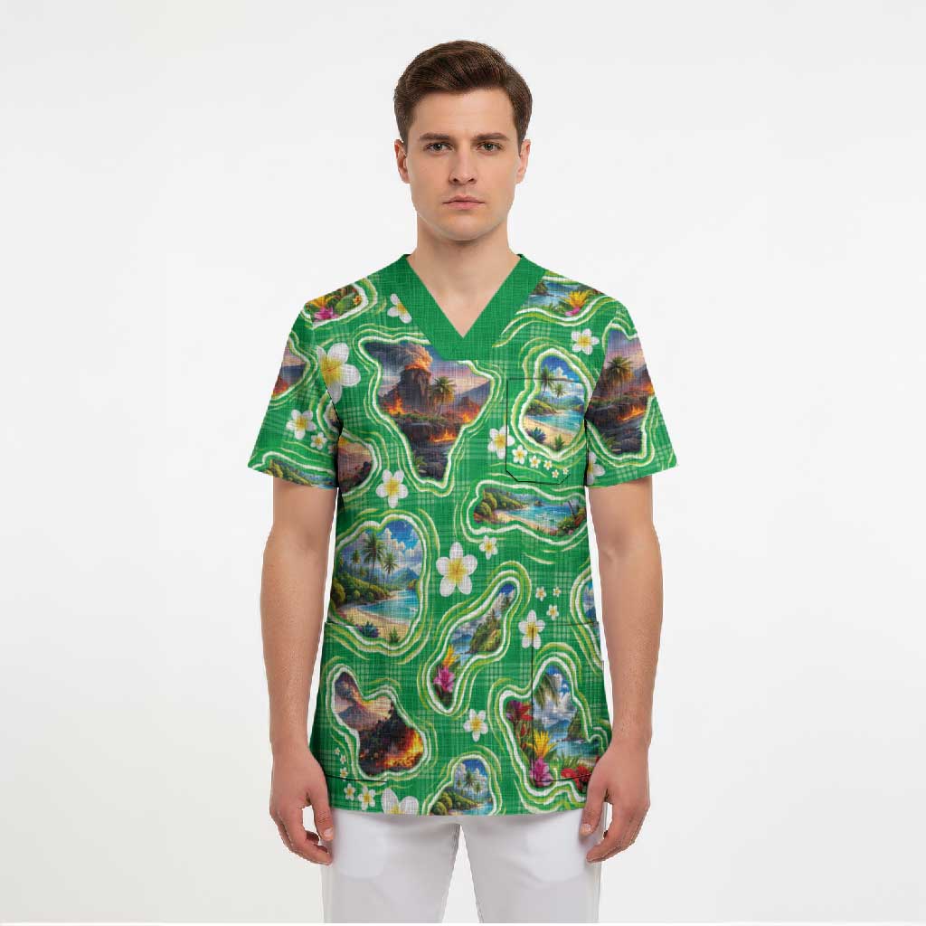 Hawaii Map with Plumeria Flower and Palaka Pattern Scrub Top Tropical Island Green Design