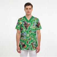 Hawaii Map with Plumeria Flower and Palaka Pattern Scrub Top Tropical Island Green Design