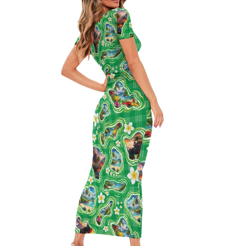 Hawaii Map with Plumeria Flower and Palaka Pattern Short Sleeve Bodycon Dress Tropical Island Green Design