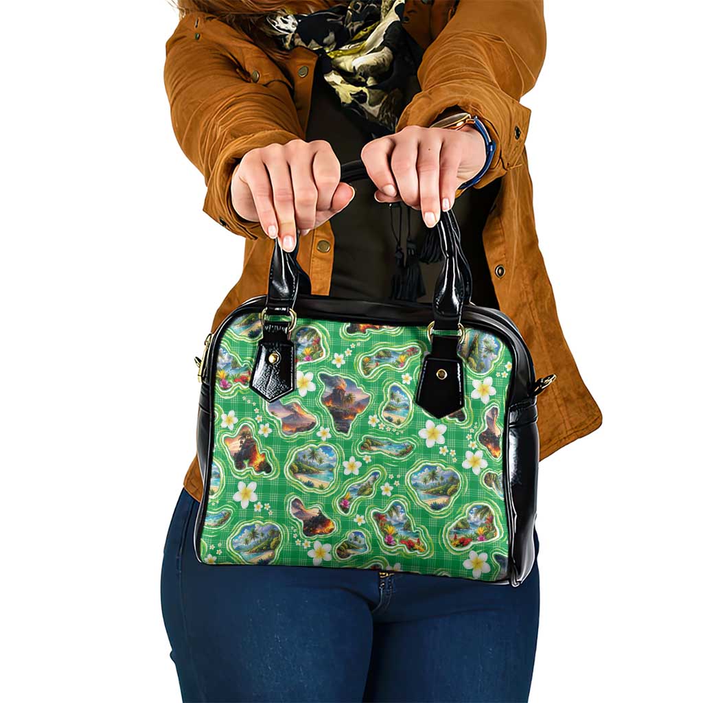 Hawaii Map with Plumeria Flower and Palaka Pattern Shoulder Handbag Tropical Island Green Design