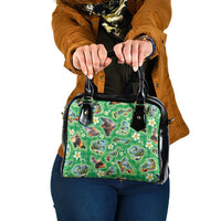 Hawaii Map with Plumeria Flower and Palaka Pattern Shoulder Handbag Tropical Island Green Design