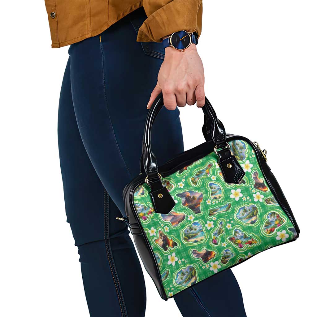 Hawaii Map with Plumeria Flower and Palaka Pattern Shoulder Handbag Tropical Island Green Design