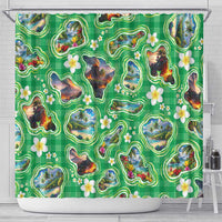 Hawaii Map with Plumeria Flower and Palaka Pattern Shower Curtain Tropical Island Green Design
