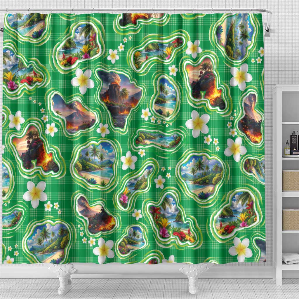 Hawaii Map with Plumeria Flower and Palaka Pattern Shower Curtain Tropical Island Green Design