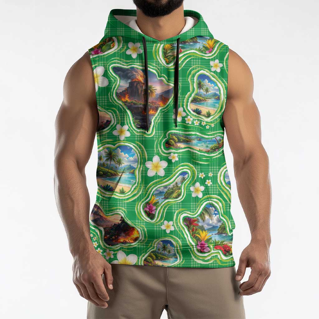 Hawaii Map with Plumeria Flower and Palaka Pattern Sleeveless Hoodie Tropical Island Green Design