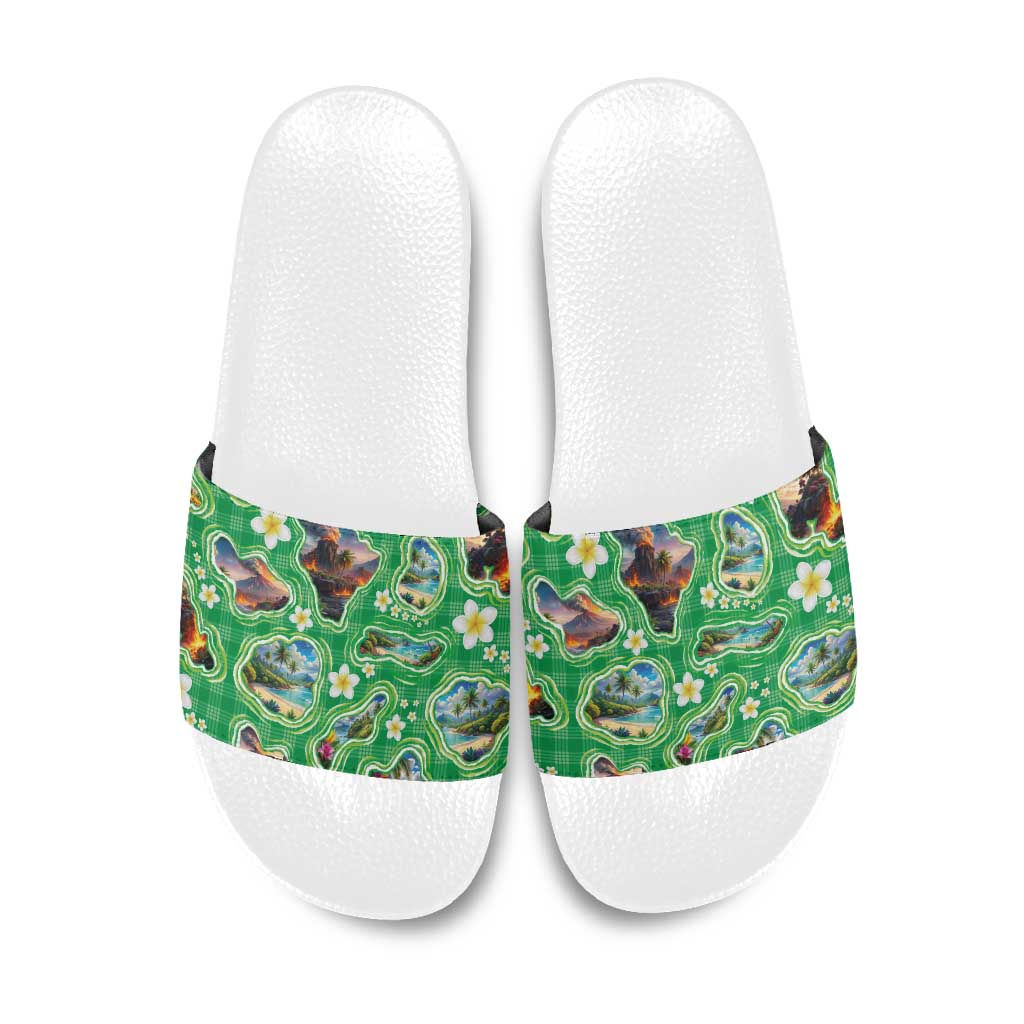 Hawaii Map with Plumeria Flower and Palaka Pattern Slide Sandals Tropical Island Green Design