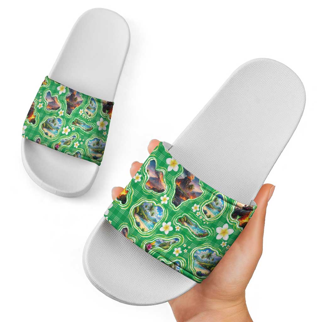 Hawaii Map with Plumeria Flower and Palaka Pattern Slide Sandals Tropical Island Green Design