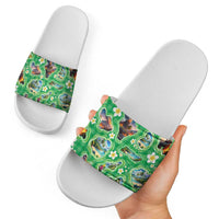 Hawaii Map with Plumeria Flower and Palaka Pattern Slide Sandals Tropical Island Green Design