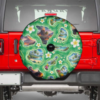 Hawaii Map with Plumeria Flower and Palaka Pattern Spare Tire Cover Tropical Island Green Design