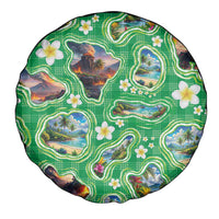 Hawaii Map with Plumeria Flower and Palaka Pattern Spare Tire Cover Tropical Island Green Design