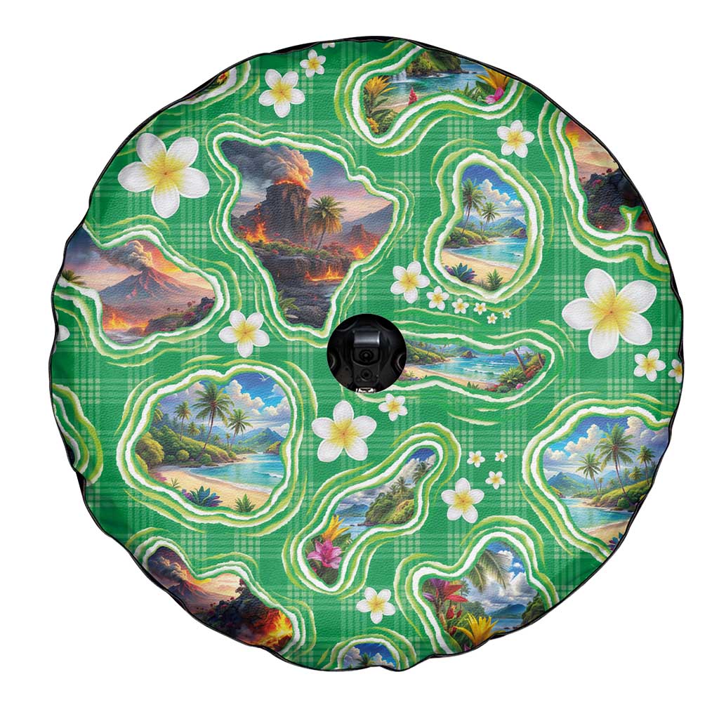 Hawaii Map with Plumeria Flower and Palaka Pattern Spare Tire Cover Tropical Island Green Design