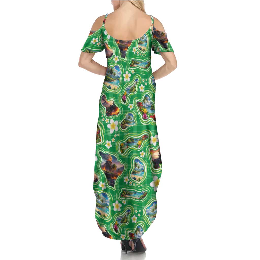 Hawaii Map with Plumeria Flower and Palaka Pattern Summer Maxi Dress Tropical Island Green Design