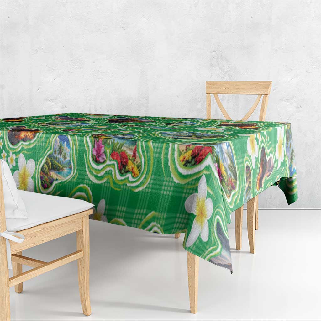 Hawaii Map with Plumeria Flower and Palaka Pattern Tablecloth Tropical Island Green Design