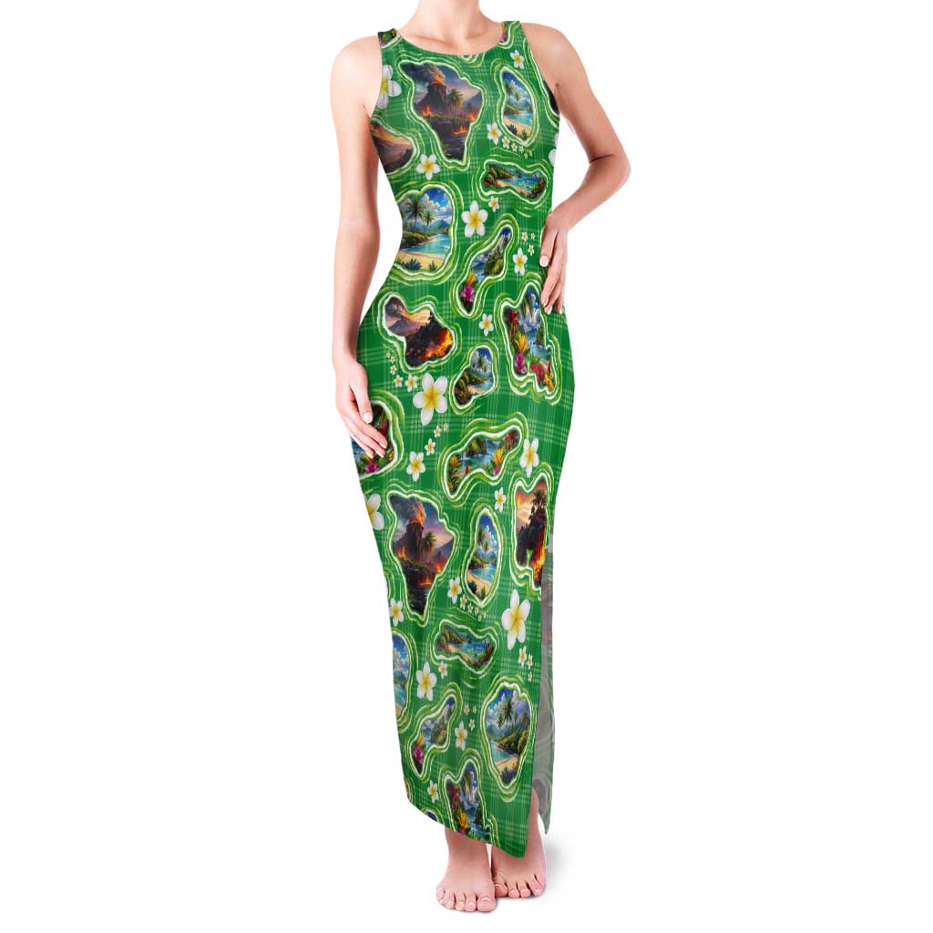 Hawaii Map with Plumeria Flower and Palaka Pattern Tank Maxi Dress Tropical Island Green Design