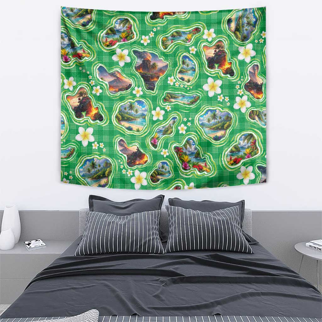Hawaii Map with Plumeria Flower and Palaka Pattern Tapestry Tropical Island Green Design