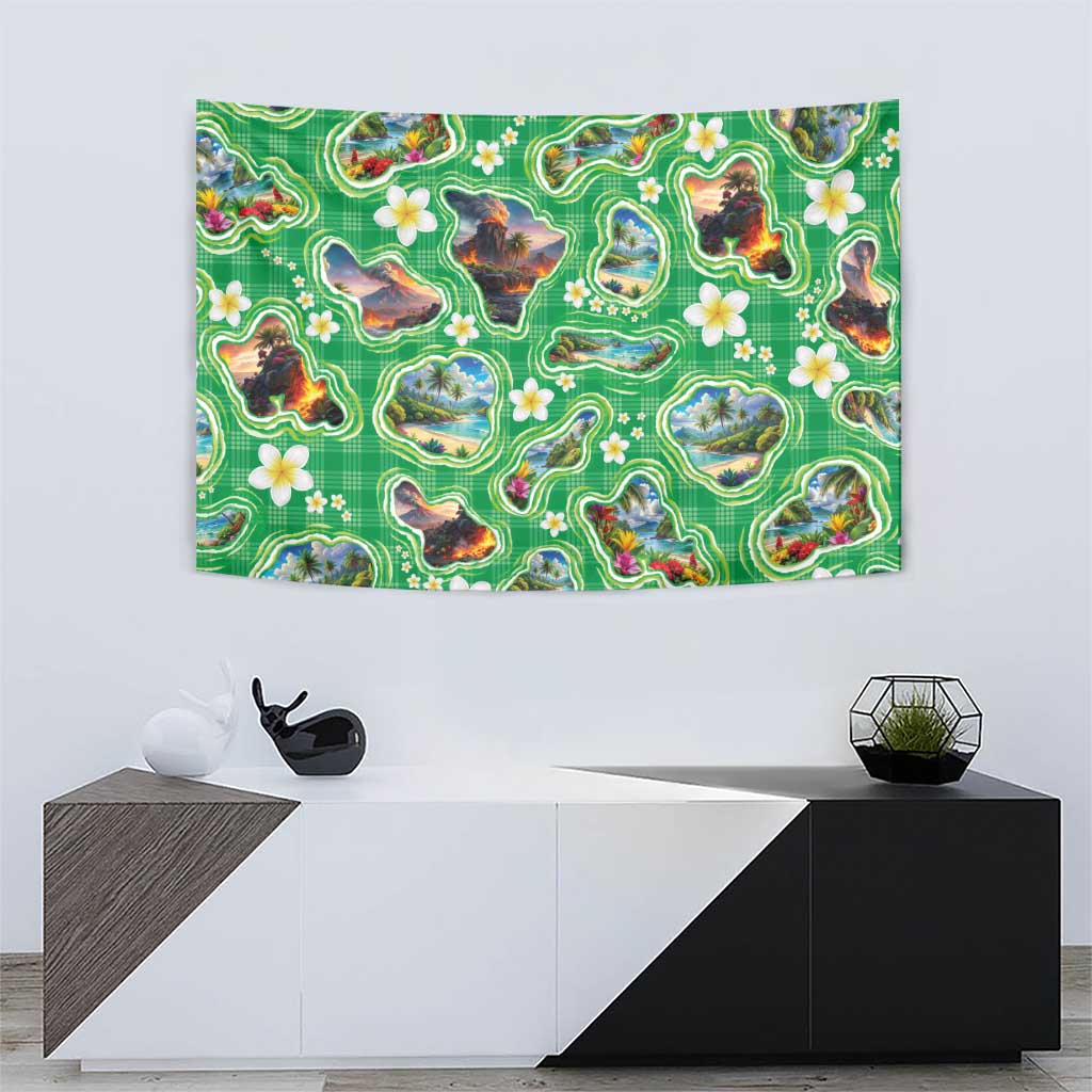 Hawaii Map with Plumeria Flower and Palaka Pattern Tapestry Tropical Island Green Design