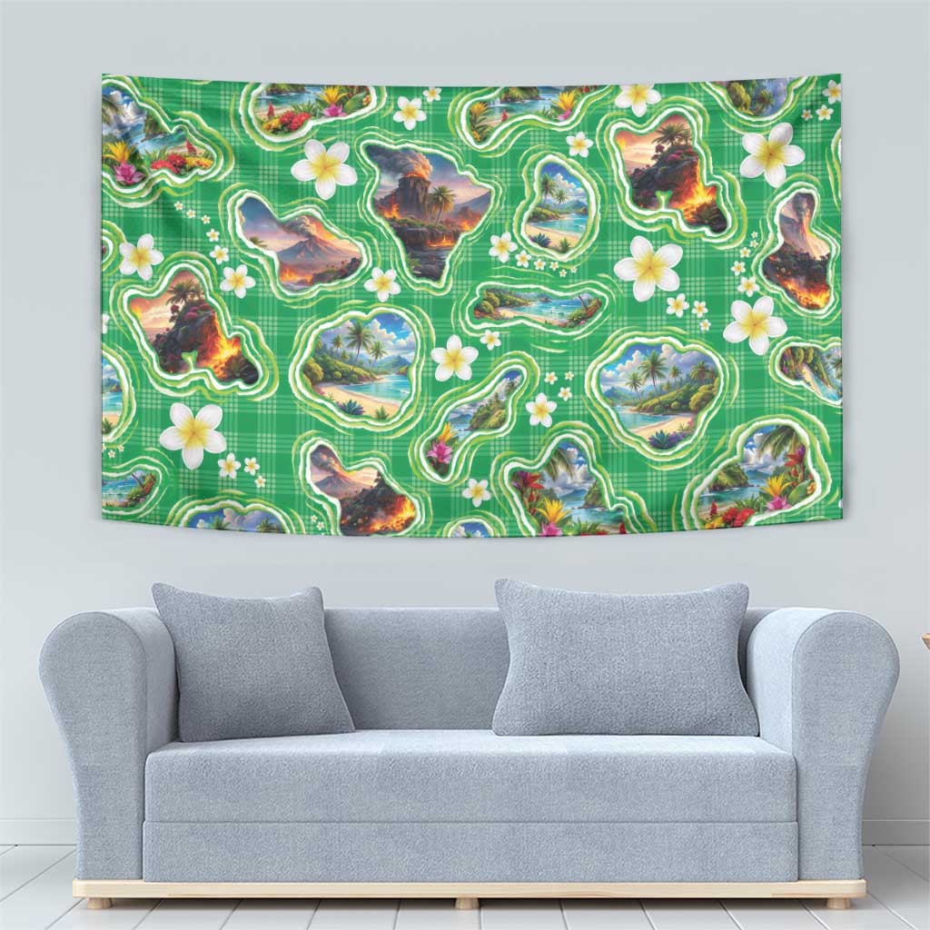 Hawaii Map with Plumeria Flower and Palaka Pattern Tapestry Tropical Island Green Design