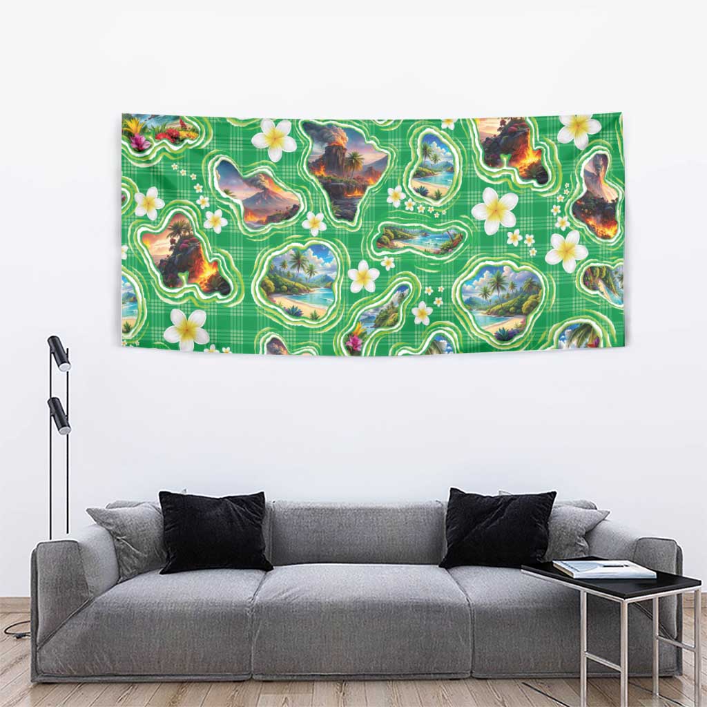 Hawaii Map with Plumeria Flower and Palaka Pattern Tapestry Tropical Island Green Design
