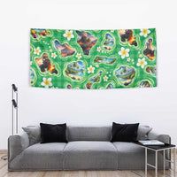 Hawaii Map with Plumeria Flower and Palaka Pattern Tapestry Tropical Island Green Design