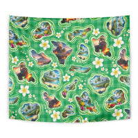 Hawaii Map with Plumeria Flower and Palaka Pattern Tapestry Tropical Island Green Design