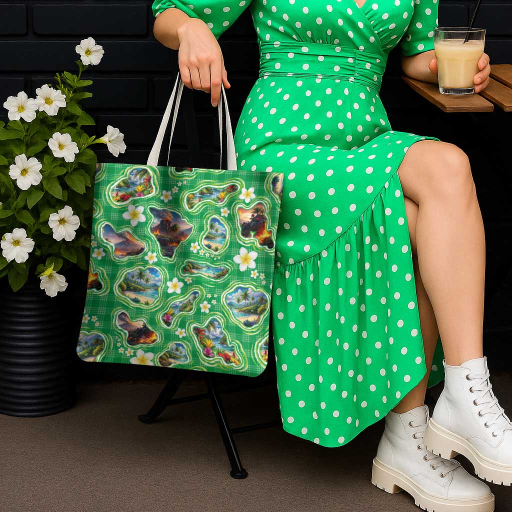 Hawaii Map with Plumeria Flower and Palaka Pattern Tote Bag Tropical Island Green Design