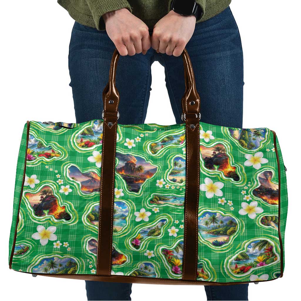 Hawaii Map with Plumeria Flower and Palaka Pattern Travel Bag Tropical Island Green Design