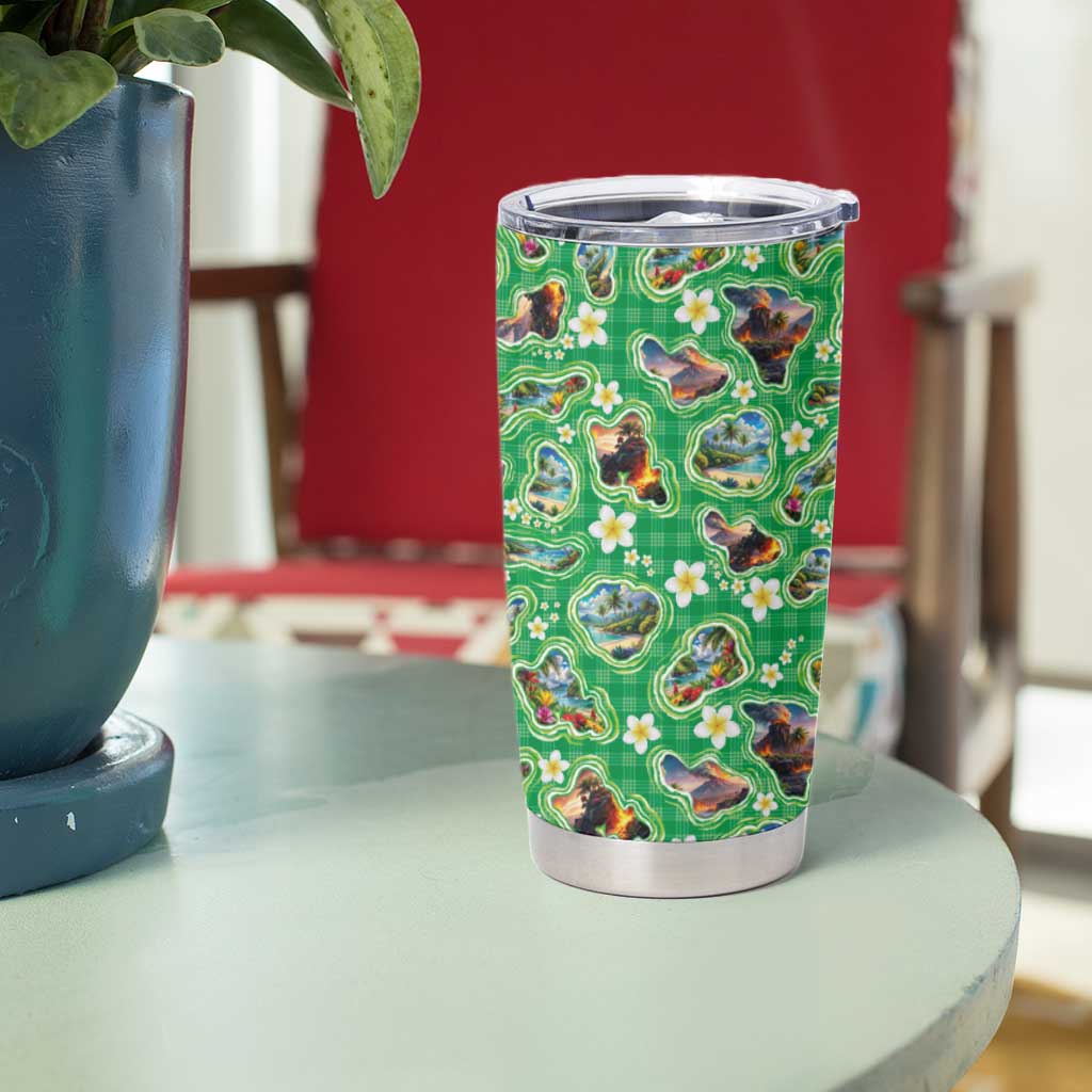 Hawaii Map with Plumeria Flower and Palaka Pattern Tumbler Cup Tropical Island Green Design
