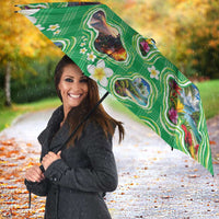 Hawaii Map with Plumeria Flower and Palaka Pattern Umbrella Tropical Island Green Design